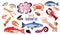 Fresh seafood icon set, products for restaurant or cafe design