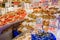 Fresh seafood like crab, shrimp and mussels for sale at Pike Place Market in Seattle, Washington