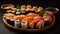 Fresh seafood plate with maki sushi and California roll variation generated by AI