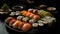 Fresh seafood plate with maki sushi and nigiri, Japanese culture generated by AI