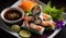 Fresh seafood plate prawn, salad, sushi, avocado slice ,generative AI