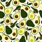 Fresh seamless pattern with avocado, leaves, heart and smiles.