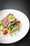 Fresh seared tuna steak with creamy mustard and kampot pepper sauce