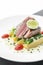 Fresh seared tuna steak with creamy mustard and kampot pepper sauce