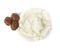 Fresh shea butter and nuts on white, top view