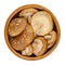 Fresh shiitake mushrooms, Lentinula edodes, in a wooden bowl