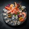 Fresh shrimp, mussels, and oysters arranged on plate an ice bed