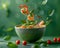 Fresh Shrimp Tomato Soup with Floating Ingredients and Herbs on a Green Background in a Ceramic Bowl, Vibrant Healthy Food Concept