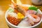 Fresh shrimp and various kinds of sashimi raw fish rice bowl