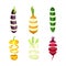 Fresh sliced vegetables set. Pepper, onion, eggplant, cucumber, beetroot organic vegetable lying in vertical rows vector