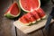 Fresh sliced watermelon wooden