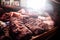 Fresh smoked meat in butcher shop`s counter