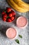 Fresh smoothie with banana and strawberry in the glasses. Healthy breakfast or snack