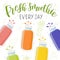 Fresh smoothie in different bottles. Every day. Superfoods and health or detox diet food concept in doodle style.