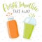 Fresh smoothie in different cups. Take away. Superfoods and health or detox diet food concept in doodle style.
