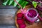 Fresh Smoothies of beet with a glass jar, selective focus