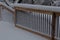 Fresh snow coating railing on a deck and stair case