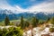 Fresh snow on mount slope on Harder Kulm - popular viewpoint over Interlaken, Swiss Alps, Switzerland