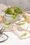 Fresh sorrel leaves in a bowl. Red veined sorrel. Micro green in ceramic bowl. Rumex sanguineus to prepare a salad