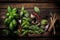 fresh spices and herbs from the kitchen on a wooden table. a top view