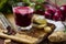 Fresh spicy beetroot juice with Ginger, fresh beets with tops