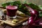 Fresh spicy beetroot juice with Ginger, fresh beets with tops