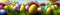 Fresh spring background with easter eggs banner green juicy meadow. Colored Easter eggs hidden flowers grass.Easter