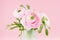 Fresh spring buttercup flower bouquet closeup in exquisite glass white vase, top section on pastel pink color background.