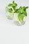 Fresh spring drink with slices lime, twig mint, ice, bubbled water, straw on soft blue wood plank, top view, copy space.