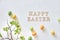 Fresh spring lime leaves, green and yellow decorative eggs and text \\\