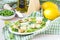 Fresh spring salad with lettuce, eggs, cheese, croutons, green