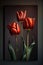 Fresh spring tulip flowers blossoms on vertical floral poster. Red tulips bouquet in vibrant tints isolated on blurry