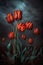Fresh spring tulip flowers blossoms on vertical floral poster. Red tulips bouquet in vibrant tints isolated on blurry