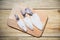 Fresh squid on wooden cutting board top view Raw squid on wooden table background