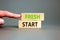 Fresh start and motivational symbol. Concept words Fresh start on beautiful wooden block. Beautiful grey table grey background.