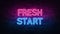 Fresh start neon sign. purple and blue glow. neon text. Brick wall lit by neon lamps. Night lighting on the wall. 3d