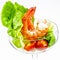 Fresh steamed prawns with vegetable salad isolate on white back