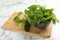 Fresh stinging nettle leaves on white marble table, closeup