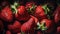 Fresh strawberries background, top view closeup, farm natural organic berries. AI generated.