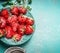 Fresh Strawberries in blue bowl , top view