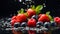 Fresh strawberries, blueberries water drops a dark mix advertising wet