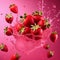 fresh strawberries falling, flying with water splashes on pink background, close up