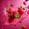 fresh strawberries falling, flying with water splashes on pink background, close up