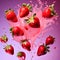 fresh strawberries falling, flying with water splashes on pink background, close up