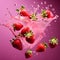 fresh strawberries falling, flying with water splashes on pink background, close up