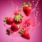 fresh strawberries falling, flying with water splashes on pink background, close up