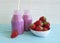 Fresh strawberries, smoothies lunch delicious health rustic milk on a wooden background, summer food