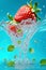 Fresh strawberries splash in blue water background, water drops