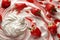 Fresh strawberries swirled in milk cream, creating enticing splashes