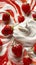 Fresh strawberries swirled in milk cream, creating enticing splashes